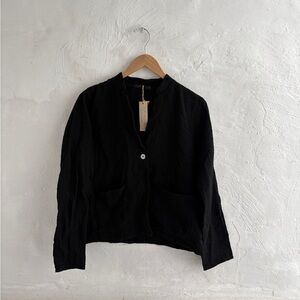 Cut loose black one button blazer styled lightweight cardigan